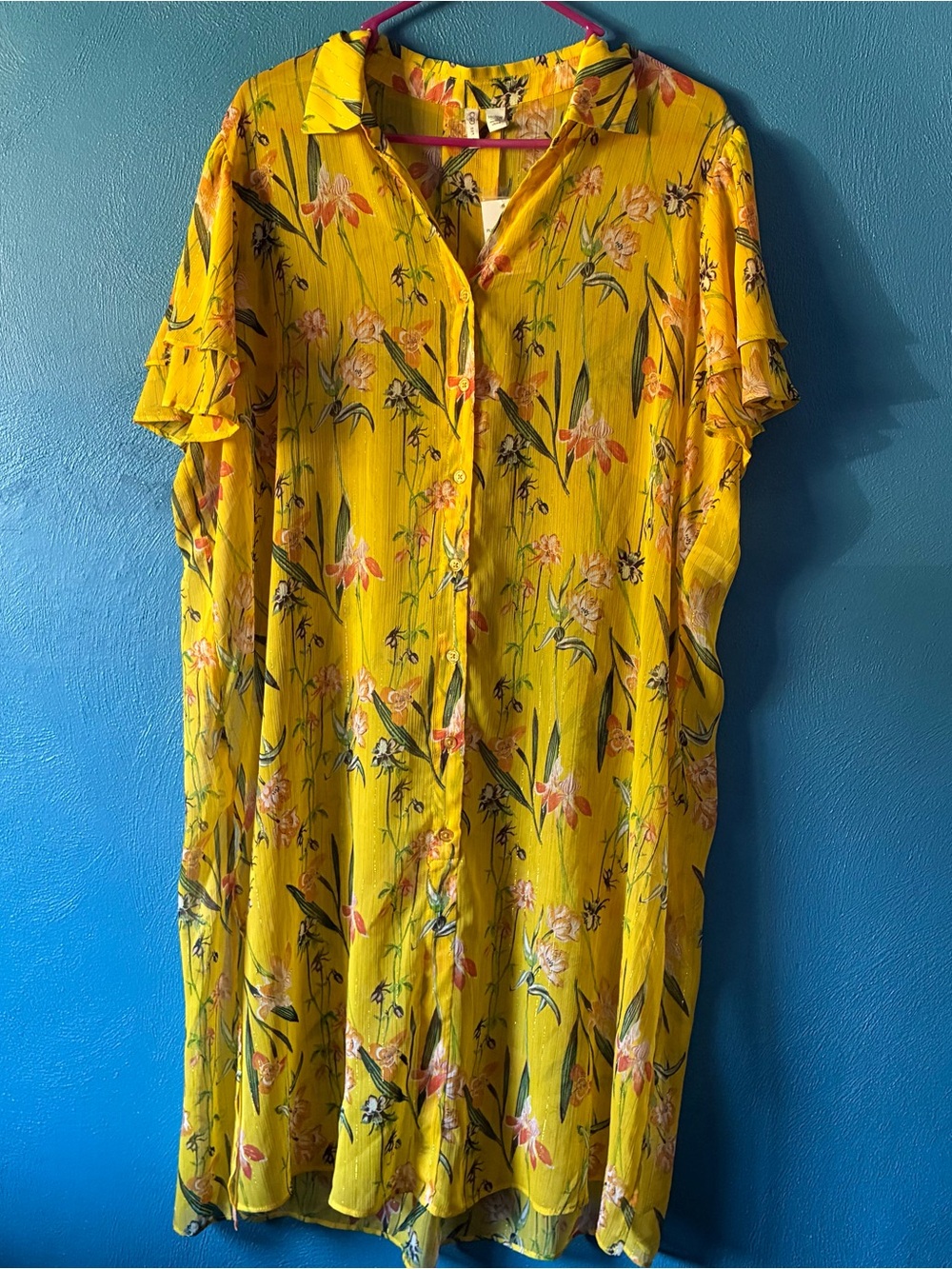 Cato Yellow Sheer Floral Button-Front Midi Dress